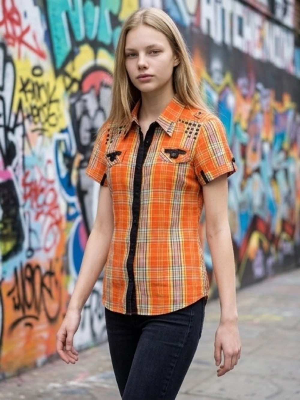 More To Love - Orange Plaid Studded Button Up Shirt 100% Cotton - Size Large